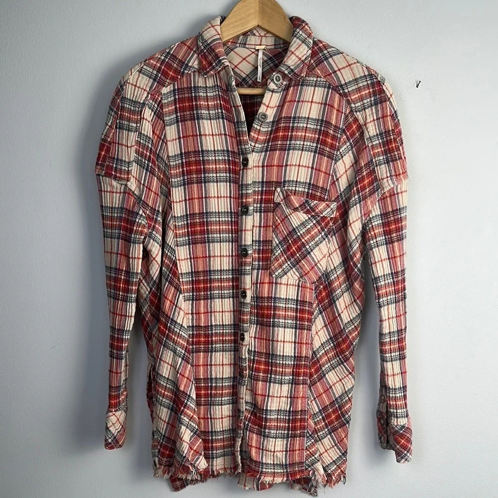 Free People Juniper Ridge Plaid Cotton Shirt Shacket Small Raw Hem Relaxed Fit